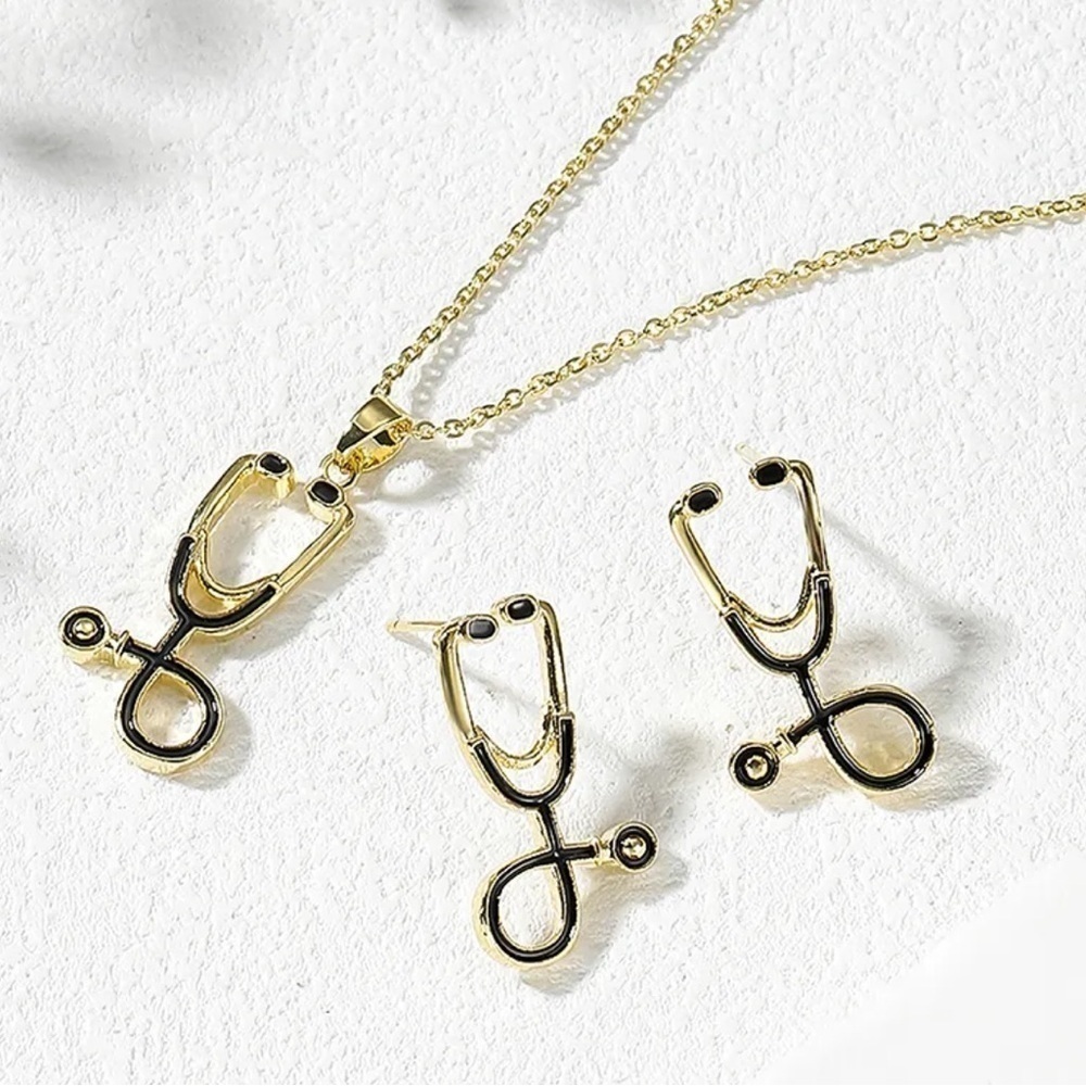 18K Gold Plated With Black Enamel Stethoscope Necklace & Earrings Set